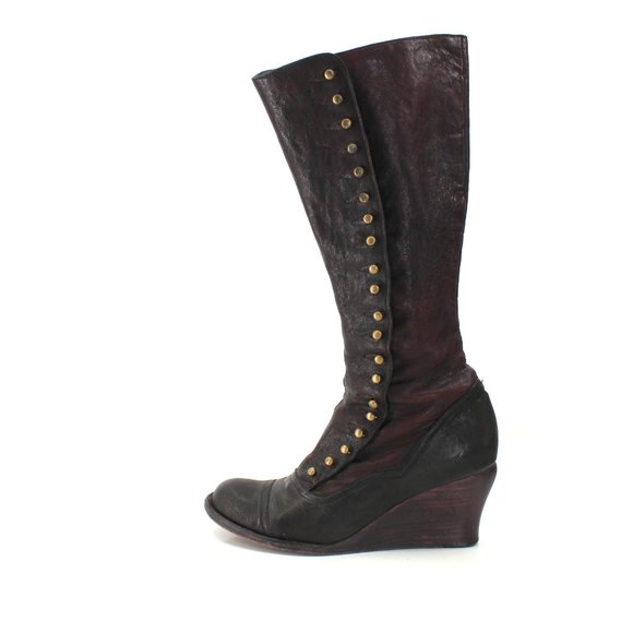 Calleen Cordero Knee High Boots 6.5 Black Brown Leather Brass Button Wedge Heel - Picture 7 of 15